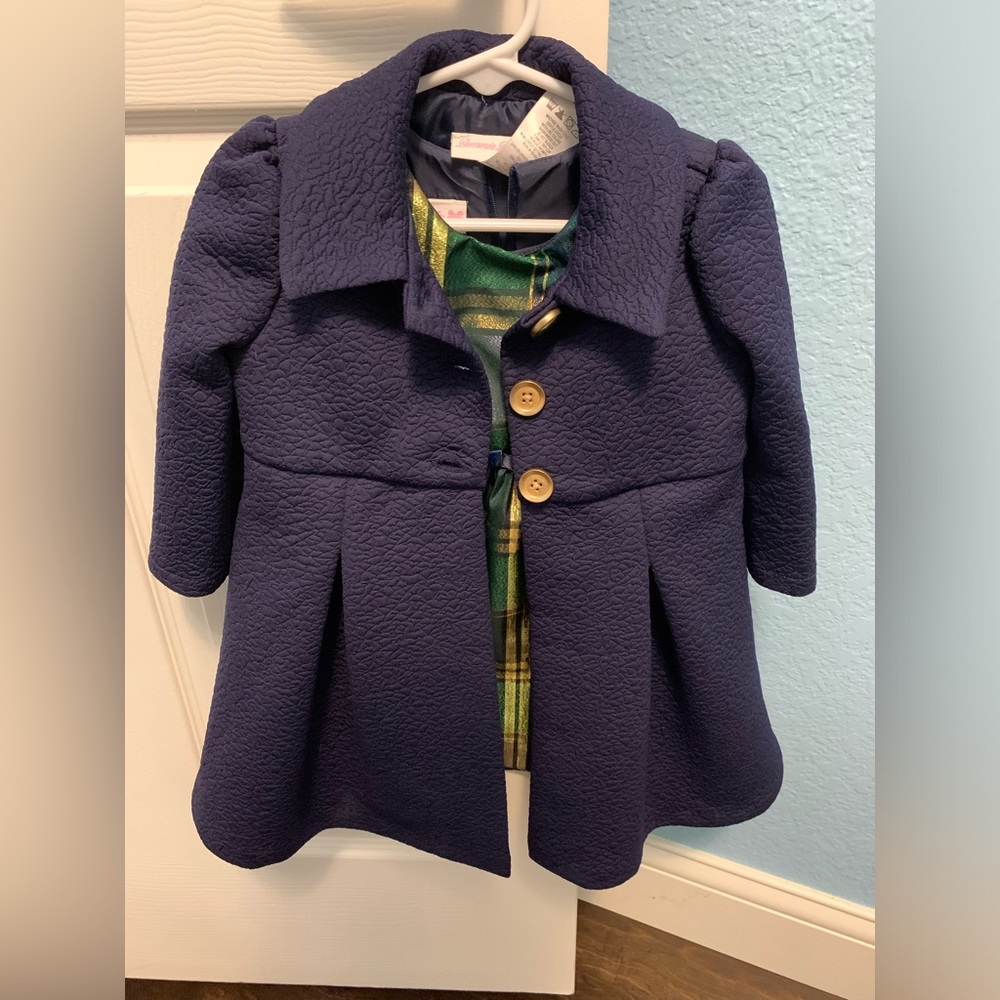 Bonnie Baby 18 months green Christmas dress with navy pea coat